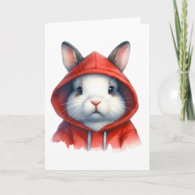 Tarjeta Arte en acuarela Conejo blanco con capucha roja  (Anverso)