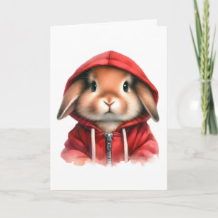 Tarjeta Arte en acuarela Conejo marrón con sudadera con ca