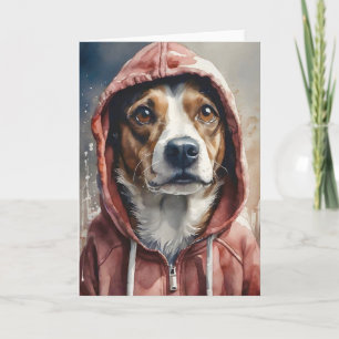 Tarjeta Arte en acuarela perro marrón y blanco con capucha