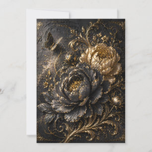 Tarjeta Arte en Relieve de Peonía de Oro Negro de Lujo – F