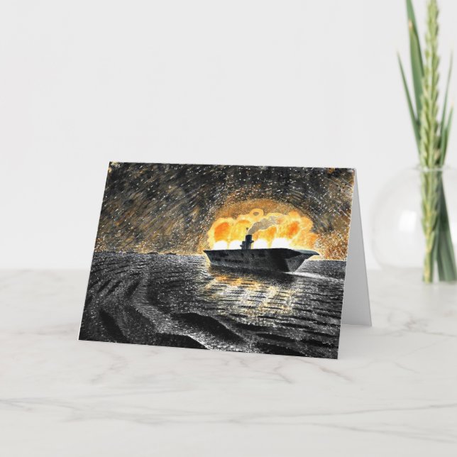 Tarjeta Arte Eric Ravilious, HMS Ark Royal en acción, (Anverso)