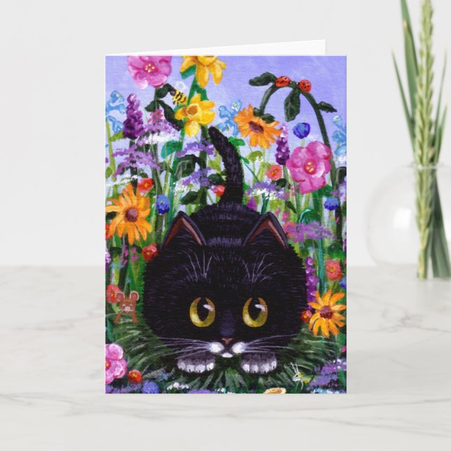 Tarjeta Arte floral Negro Tuxedo Cat Flores Creationarts (Anverso)