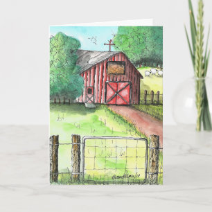 Tarjeta Arte folclórico rural, granero rojo, pintura agríc
