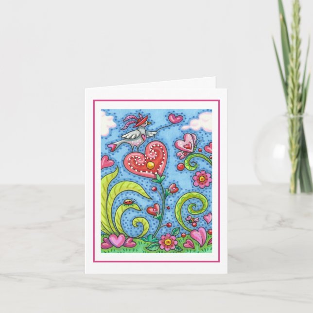 TARJETA ARTE FOLKLÓRICO CAPRICHOSO PÁJARO, CORAZONES ROSAS (Anverso)