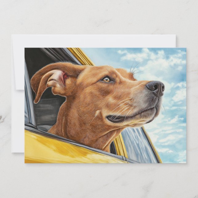 Tarjeta Arte Impreso de Perro Feliz en Coche Amarillo (Anverso)