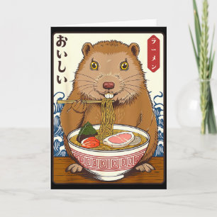 Tarjeta Arte Japonés Antiguo Mapache Come Ramen Divertido