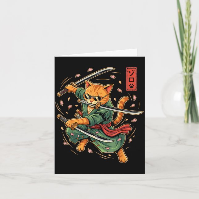 Tarjeta Arte japonés de Anime Samurai Cat Tres Espadas  (Anverso)