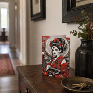 Tarjeta Arte Japonés Geisha Steampunk Elegante Rojo Negro