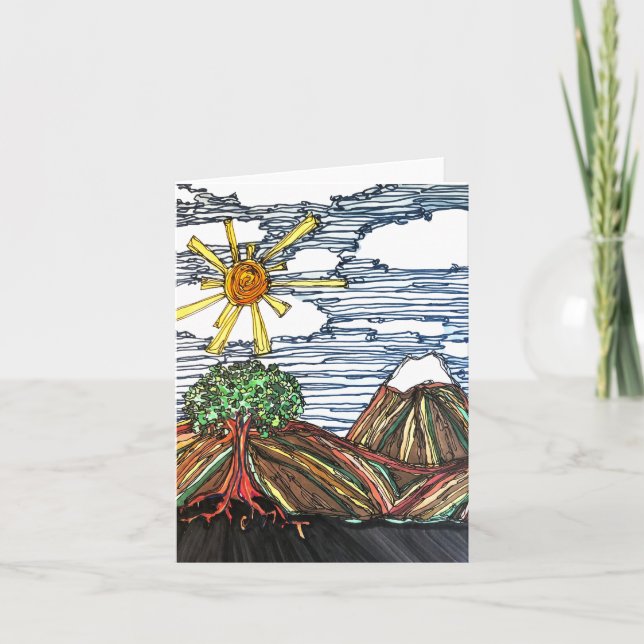Tarjeta Arte lineal con montañas, árbol, sol, mano dibujad (Anverso)