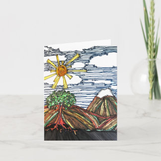 Tarjeta Arte lineal con montañas, árbol, sol, mano dibujad