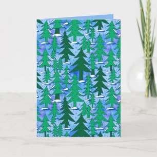 Tarjeta Arte Naíf Bosque de Abetos Invernal Verde Azul