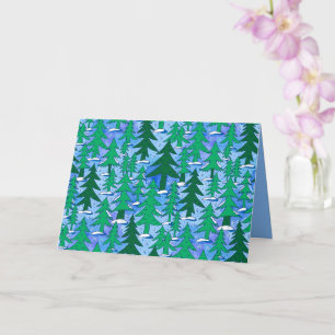 Tarjeta Arte Naíf Bosque de Abetos Invernal Verde Azul
