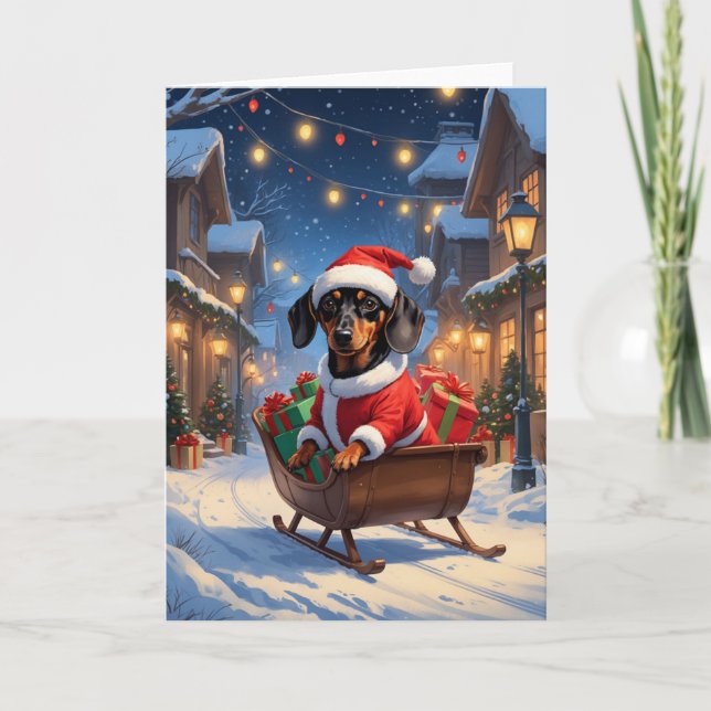 Tarjeta Arte Navidad de Dachshund Santa Sleigh (Anverso)