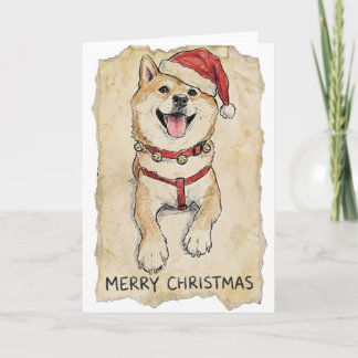 Tarjeta Arte Navideño de Perro Shiba Inu con Boceto Rústic
