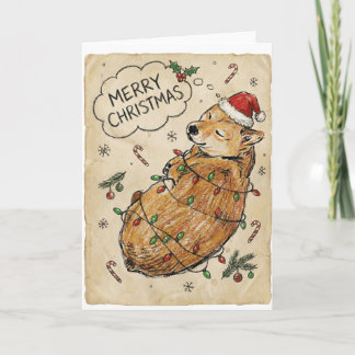 Tarjeta Arte Navideño de Perro Shiba Inu con Boceto Rústic
