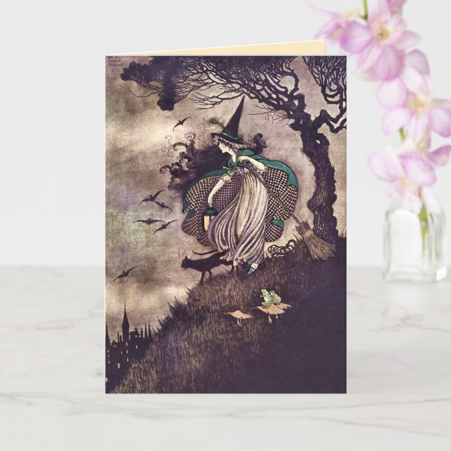 Tarjeta Arte Nuevo de Gato con Escoba de Bruja Antiguo (Orquídea)