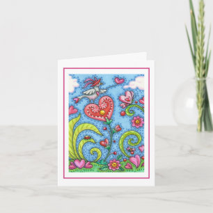 TARJETA ARTE POPULAR CAPRICHOSO PÁJARO, JARDÍN DE CORAZONE