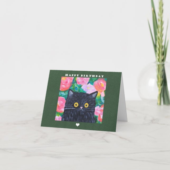Tarjeta Arte popular ingenuo Pintar gato negro lindo cumpl (Anverso)