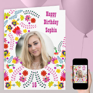 Tarjeta Arte Popular Mexicano Floral Cumpleaños Foto Para