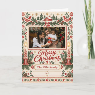 Tarjeta Arte Popular Nórdico Cabaña Acogedora Navidad Pers