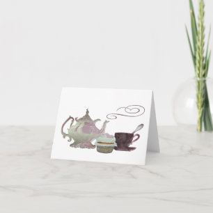 Tarjeta Arte rosado de la tetera, de la taza de té y de la