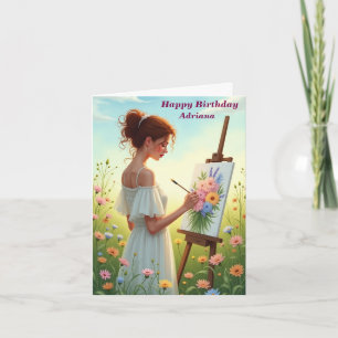 Tarjeta Artista pintando flores en campo Cumpleaños