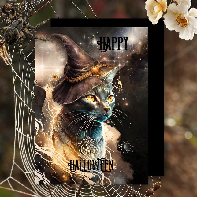 Tarjeta artística de festividad de Halloween para  (A fun artistic Halloween card featuring a kitty with witches hat on a dark starry night.)