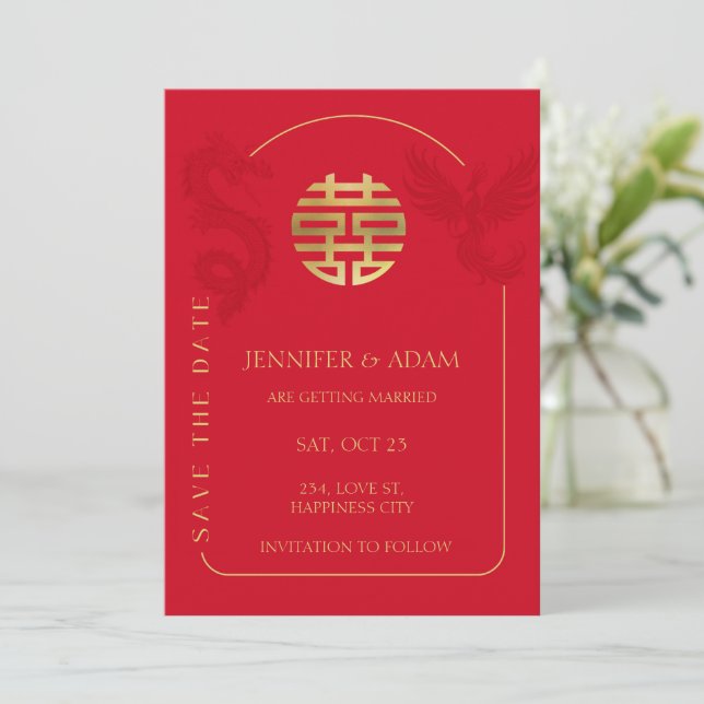 Tarjeta asiática de bodas chinas para guardar la f (Anverso de pie)