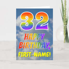 Tarjeta Aspecto arcoiris "32" y "FELIZ CUMPLEAÑOS", nubes,