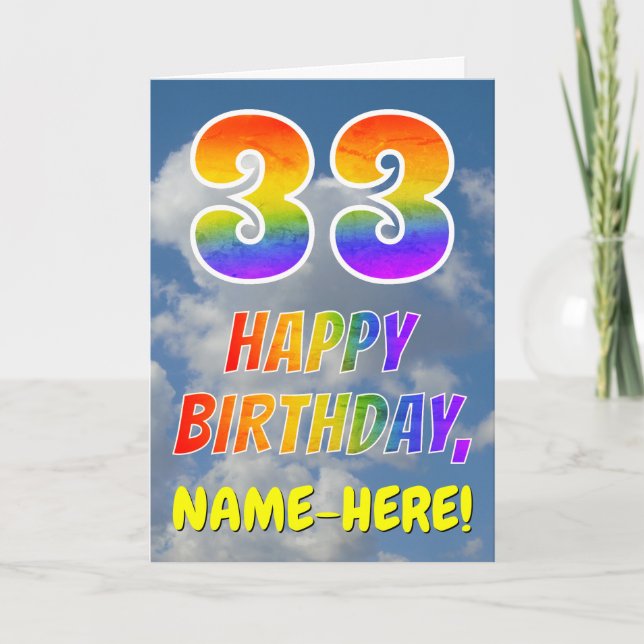Tarjeta Aspecto arcoiris "33" y "FELIZ CUMPLEAÑOS", nubes, (Anverso)