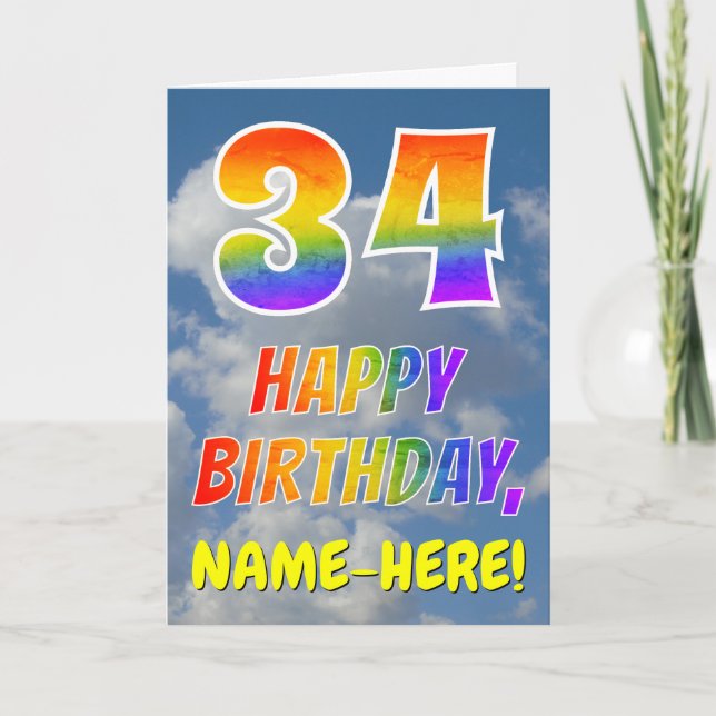 Tarjeta Aspecto arcoiris "34" y "FELIZ CUMPLEAÑOS", nubes, (Anverso)