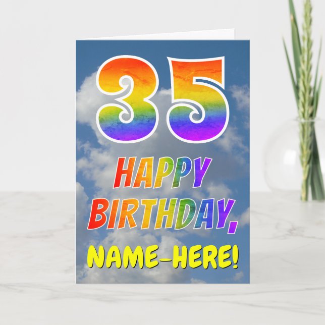 Tarjeta Aspecto arcoiris "35" y "FELIZ CUMPLEAÑOS", nubes, (Anverso)