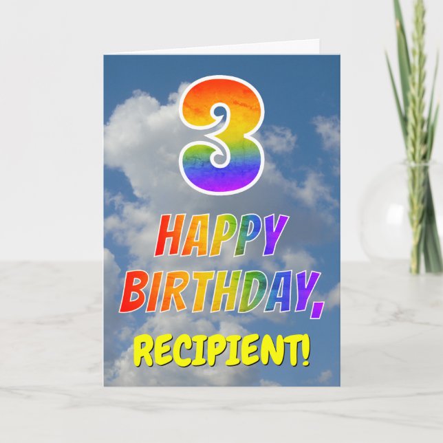 Tarjeta Aspecto arcoiris "3" y "FELIZ CUMPLEAÑOS", nubes,  (Anverso)