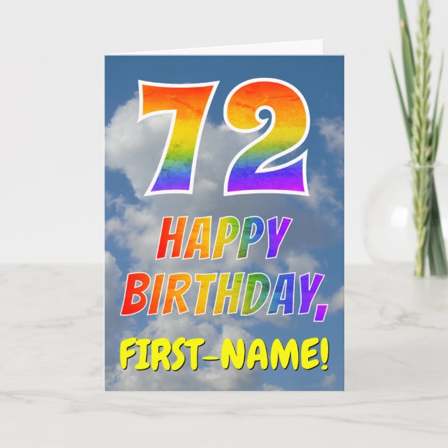 Tarjeta Aspecto arcoiris "72" y "FELIZ CUMPLEAÑOS", nubes, (Anverso)