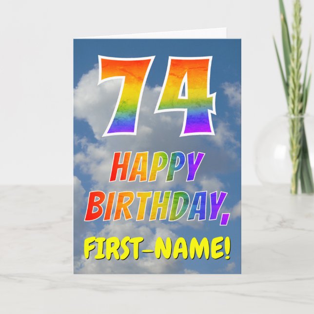 Tarjeta Aspecto arcoiris "74" y "FELIZ CUMPLEAÑOS", nubes, (Anverso)