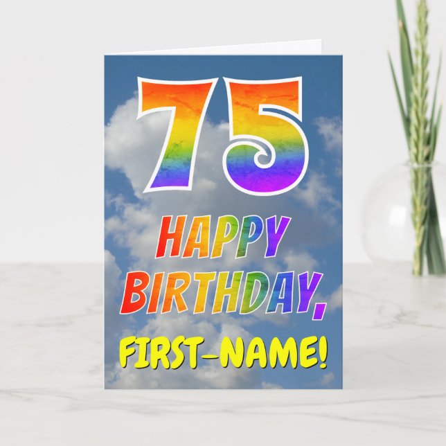 Tarjeta Aspecto arcoiris "75" y "FELIZ CUMPLEAÑOS", nubes, (Anverso)