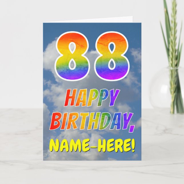 Tarjeta Aspecto arcoiris "88" y "FELIZ CUMPLEAÑOS", nubes, (Anverso)