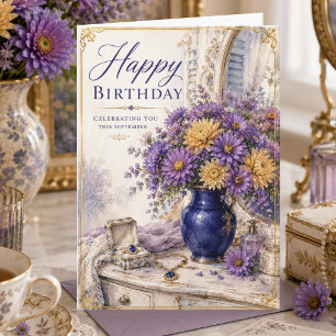 Tarjeta Asters de septiembre vintage Zafiros Feliz Cumplea