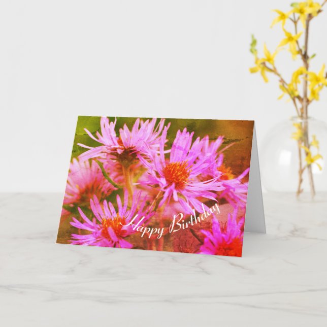 Tarjeta Asters rosados cumpleaños de arte de flores (flor amarilla)