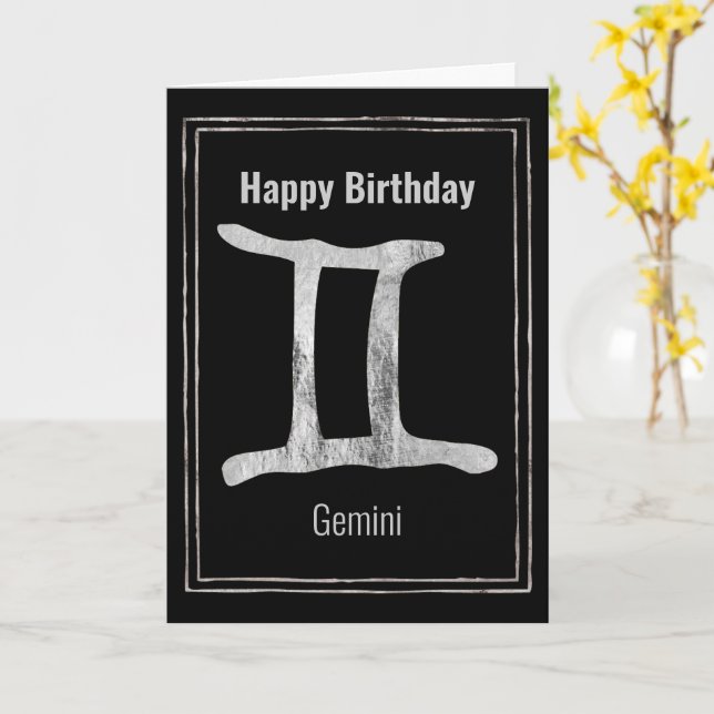 Tarjeta Astrología gemini de plata zodiac Feliz cumpleaños (flor amarilla)