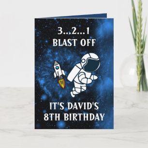 Tarjeta Astronauta Cute y Galaxia Azul Rocket 8º cumpleaño