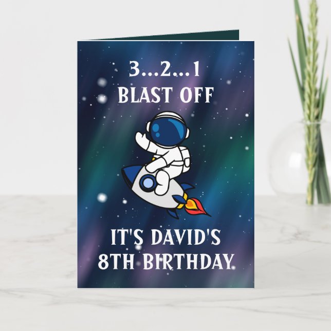 Tarjeta Astronauta de Cute Starry Black y Green 8º cumplea (Anverso)