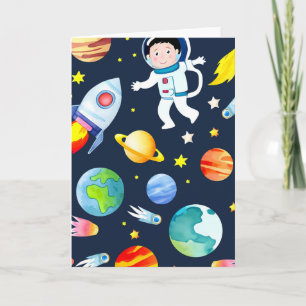 Tarjeta Astronauta en el patrón de planetas y cohetes espa