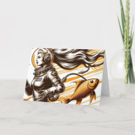 Tarjeta Astronauta y pez femenino retro Todas las ocasione