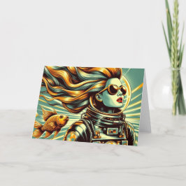 Tarjeta Astronauta y pez femenino retro Todas las ocasione