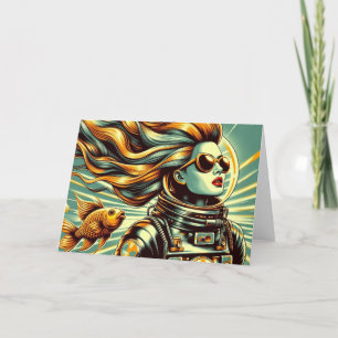 Tarjeta Astronauta y pez femenino retro Todas las ocasione