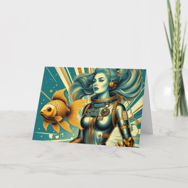 Tarjeta Astronauta y pez femenino retro Todas las ocasione (Anverso)