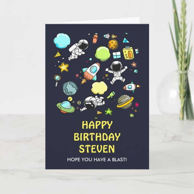 Tarjeta Astronautas del espacio exterior y patrón de cohet (Anverso)