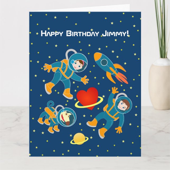 Tarjeta Astronautas infantiles adoran los viajes espaciale (Anverso)