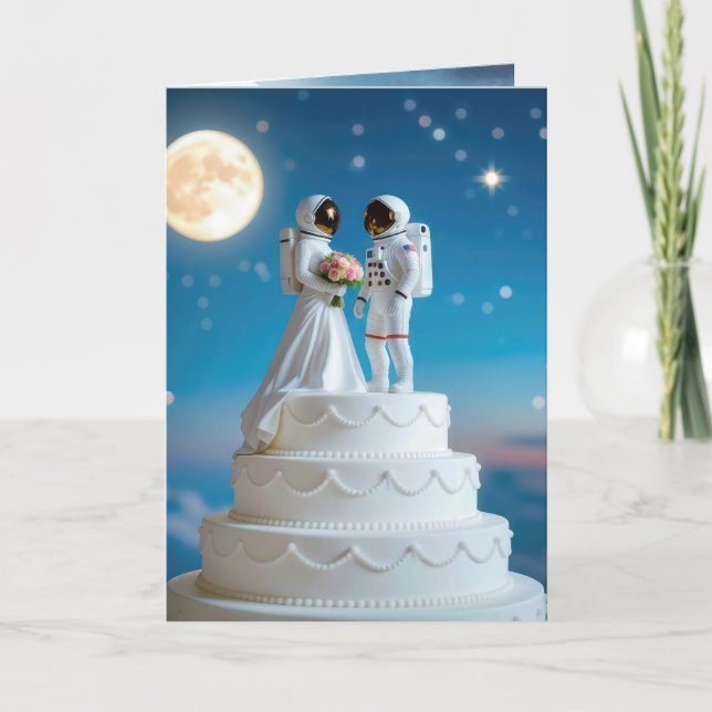 Tarjeta Astronautas recién casados en una torta Boda (Anverso)